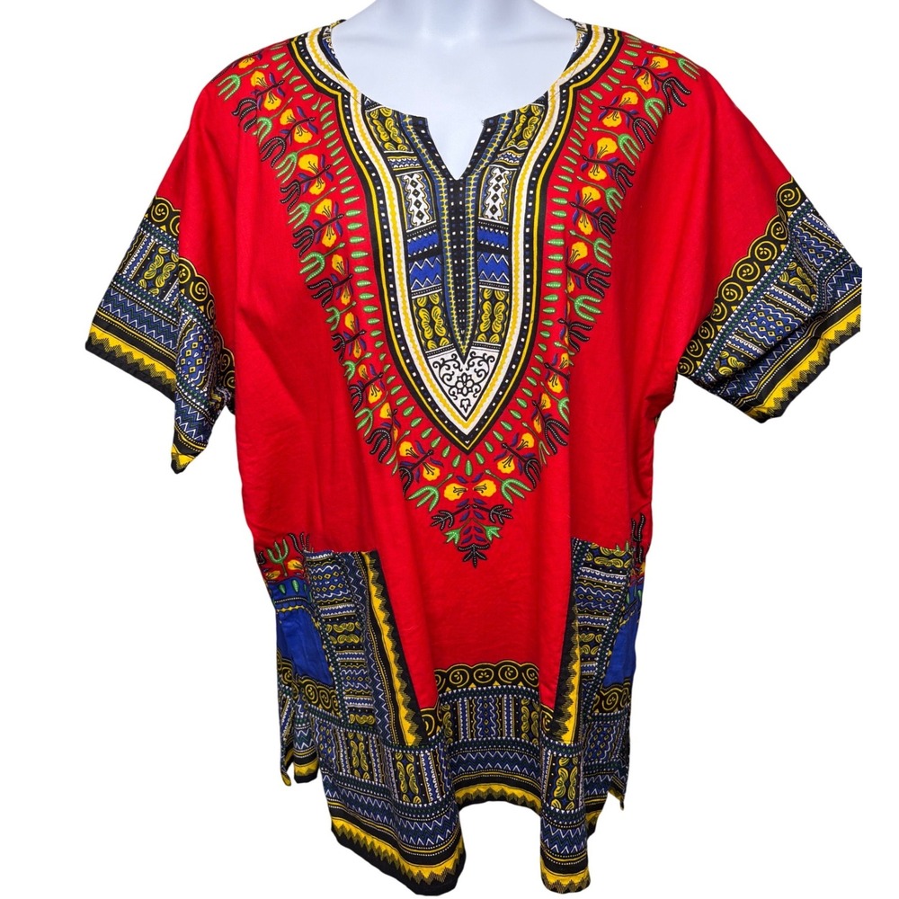 RAINBOW Unisex Red Dashiki Oversized Shirt One Size Boho Hippie Tribal Retro